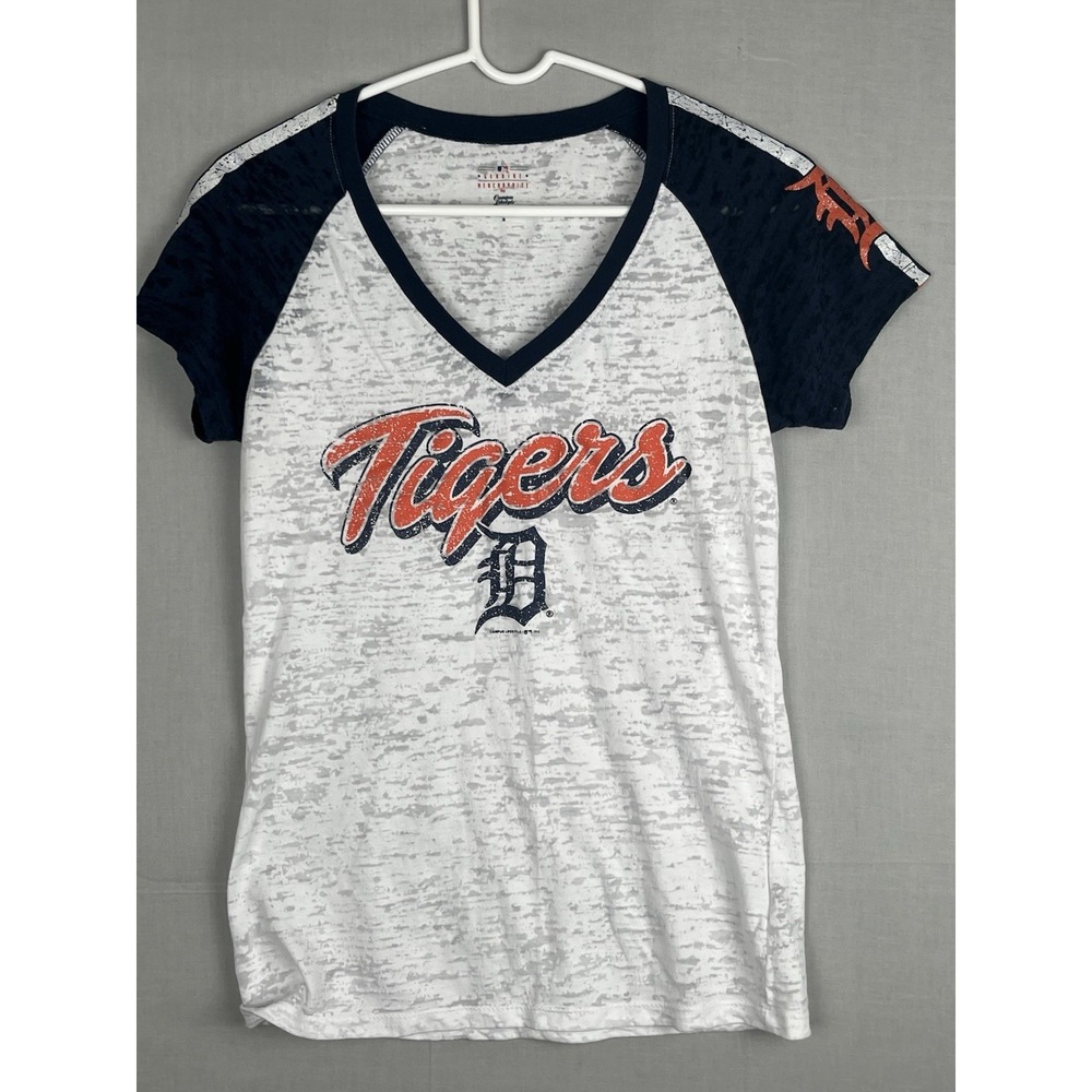 Detroit Tigers Womens V Neck‎ T Shirt Medium MLB Graphic Short Sleeve White Blue